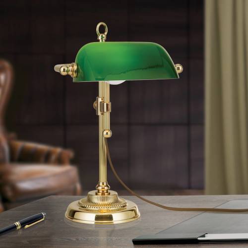 Orion Bankierslamp Harvard, messing/groen, hoogte 32 cm