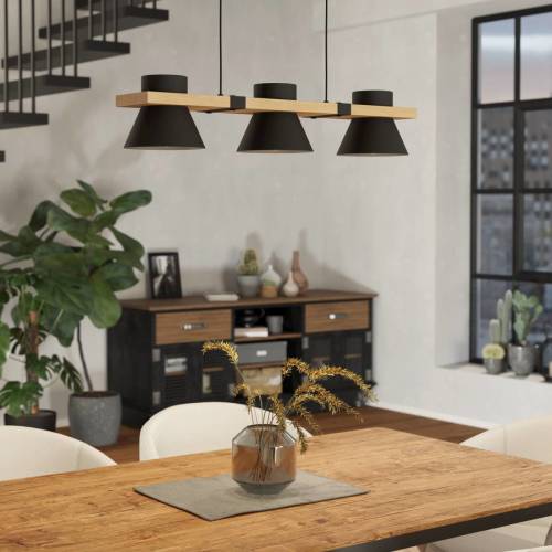 Eglo Hanglamp Maccles in zwart met hout, 3-lamps