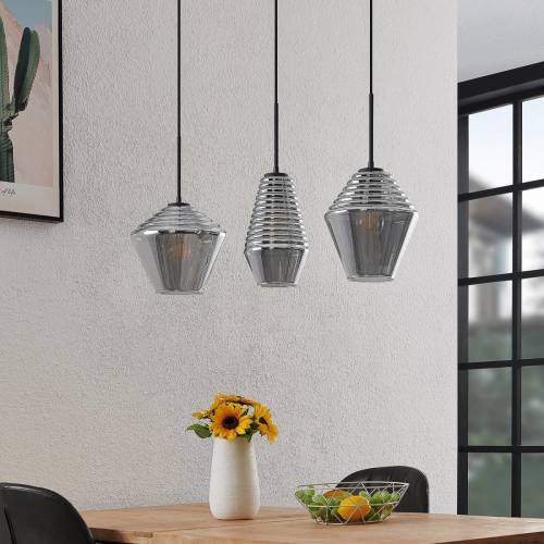 Lindby Ekkis hanglamp, 3-lamps, lang, rookgrijs