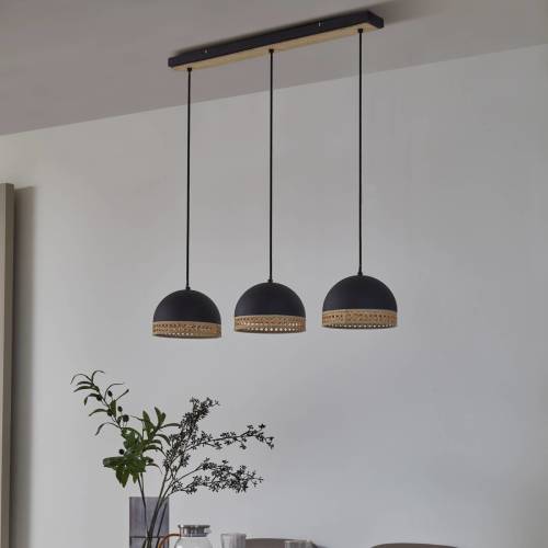 Lindby Lonnaris hanglamp, rotan, zwart, 3-lamps