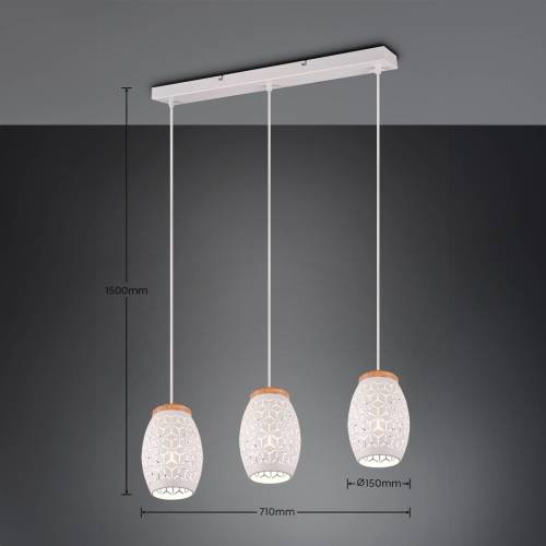 Reality Leuchten Hanglamp Bidar, lengte 71 cm, wit mat, 3-lamps, metaal