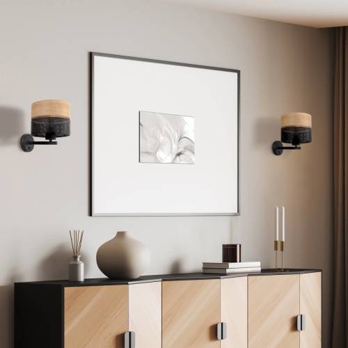 TK Lighting Nicol wandlamp, zwart, houteffect, Ø 20 cm, 1 x E27