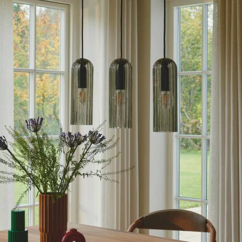 Nordlux Hanglamp Miella, 3-lamps, geribbeld glas, rook/zwart