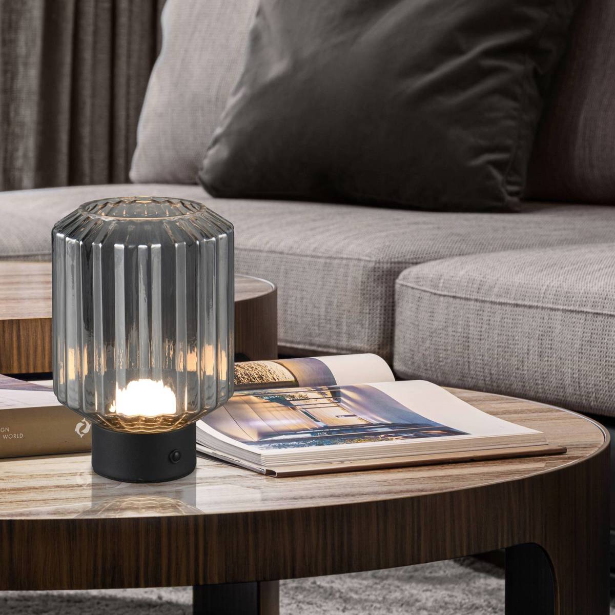 Reality Leuchten Lord LED tafellamp, zwart/rook, hoogte 19,5 cm, glas