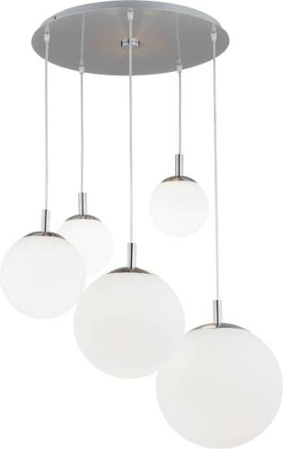 Argon Maroni hanglamp, chroom/wit, glas, 5-lamps