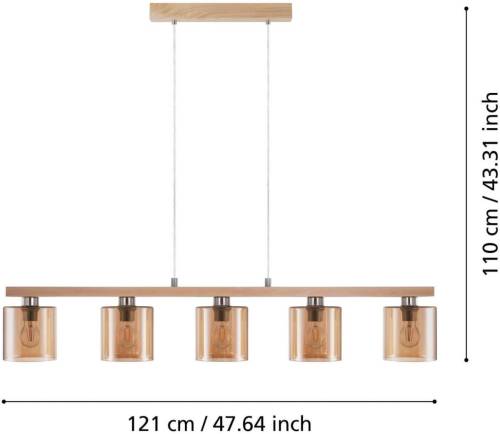 Eglo Castralvo hanglamp, lengte 115 cm, hout/amber, 5-lamps, glas