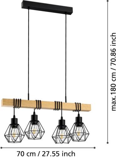 Eglo Townshend hanglamp, lengte 70 cm, zwart/eiken, 4-lamps.