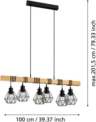 Eglo Townshend hanglamp, lengte 100 cm, zwart/eiken, 6-lamps.