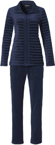Pastunette Deluxe gestreept velours huispak met ritssluiting donkerblauw
