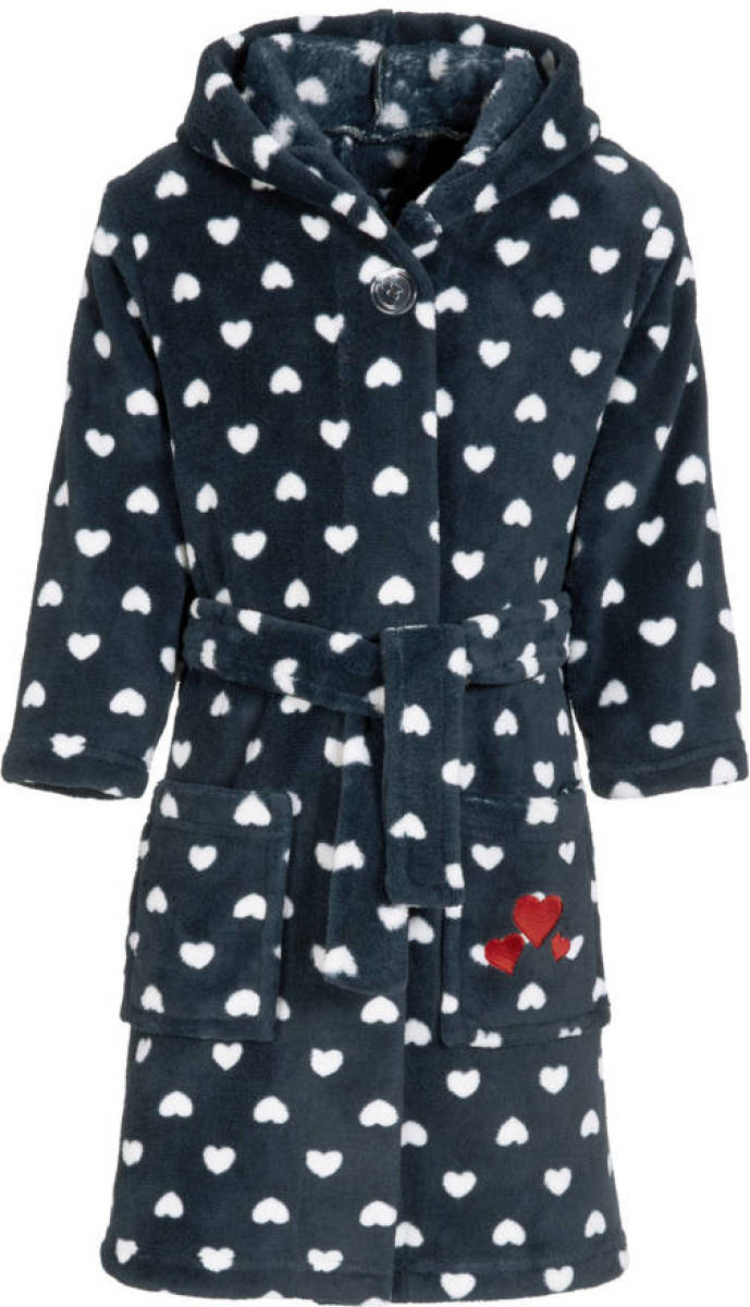 Playshoes fleece badjas Hearts met hartjes donkerblauw/wit