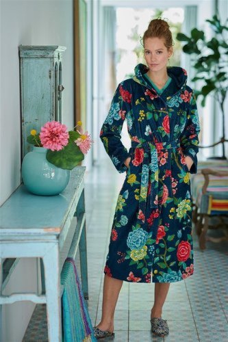 Pip Studio velours badjas met capuchon donkerblauw