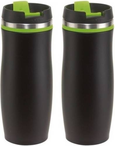 Merkloos 2x Thermosbekers/warmhoudbekers zwart/groen 400 ml - Thermo koffie/thee isoleerbekers dubbelwandig met schroefdop
