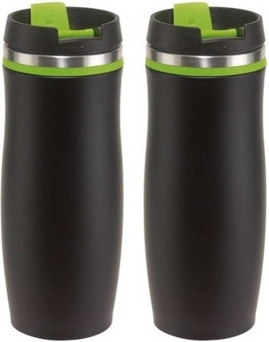 Merkloos 2x Thermosbekers/warmhoudbekers zwart/groen 400 ml - Thermo koffie/thee isoleerbekers dubbelwandig met schroefdop