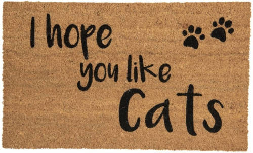 Clayre & Eef DEURMAT 75*45*1 CM BRUIN KOKOS / PVC RECHTHOEKIG I HOPE YOU LIKE CATS MC157