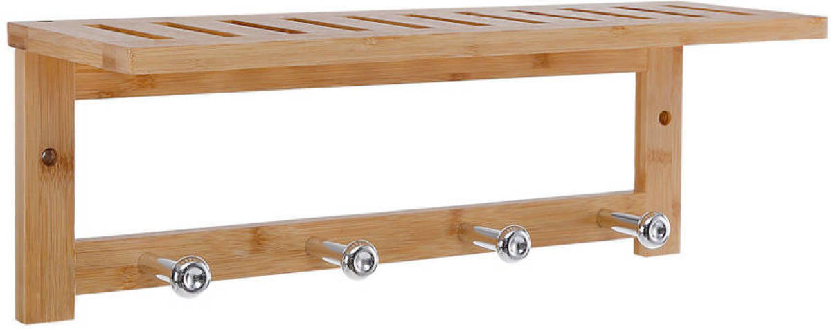 Decopatent Wandkapstok van bamboe hout met 4 haken & Legplank - Houten wandrek