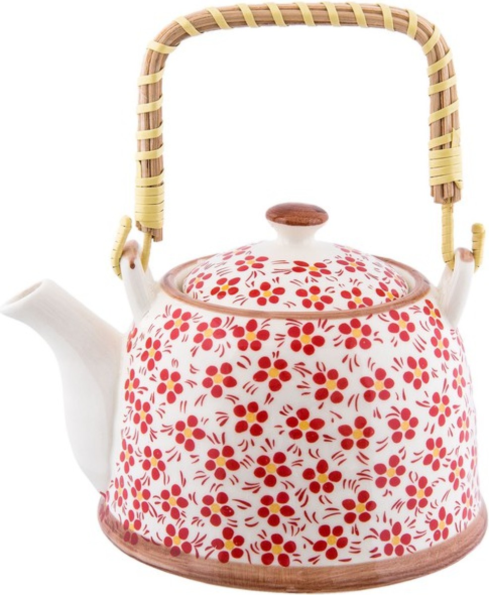 Theepot | 18*14*12 cm / 0.7L | Rood | Keramiek | Rond | Bloemen | Clayre & Eef | 6CETE0031