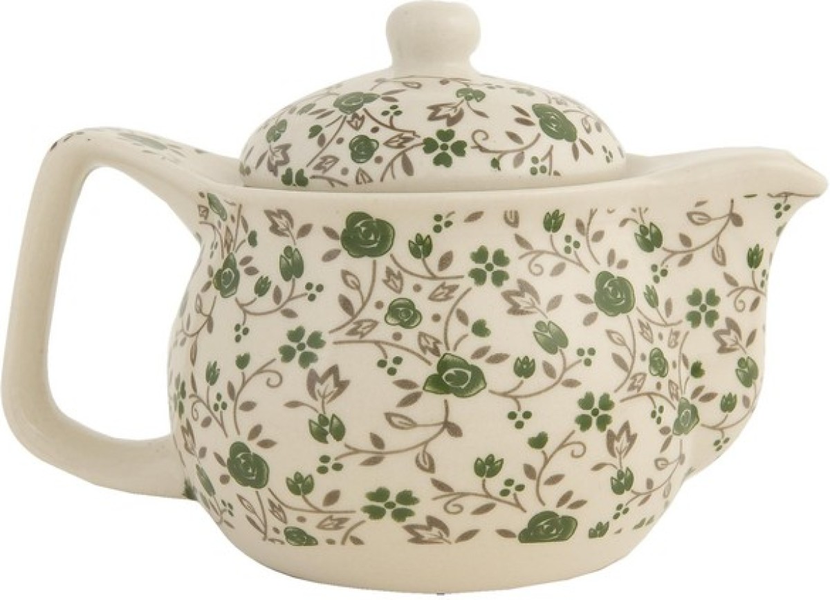 Theepot | Ø 16*11 cm / 0.4L | Groen | Keramiek | Rond | Bloemen | Clayre & Eef | 6CETE0016