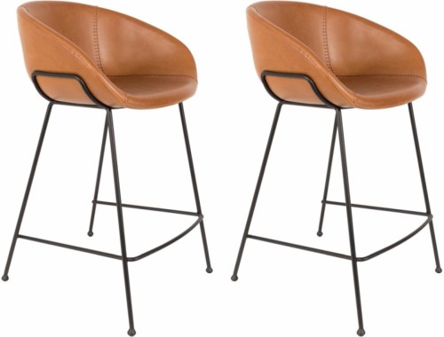 Zuiver Set 2 Barstoelen Feston Zithoogte 65 Cm - Kunstleer Bruin