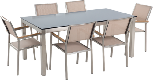 Beliani Tuinset glas/RVS zwart enkel tafelblad 180 x 90 cm met 6 stoelen beige GROSSETO