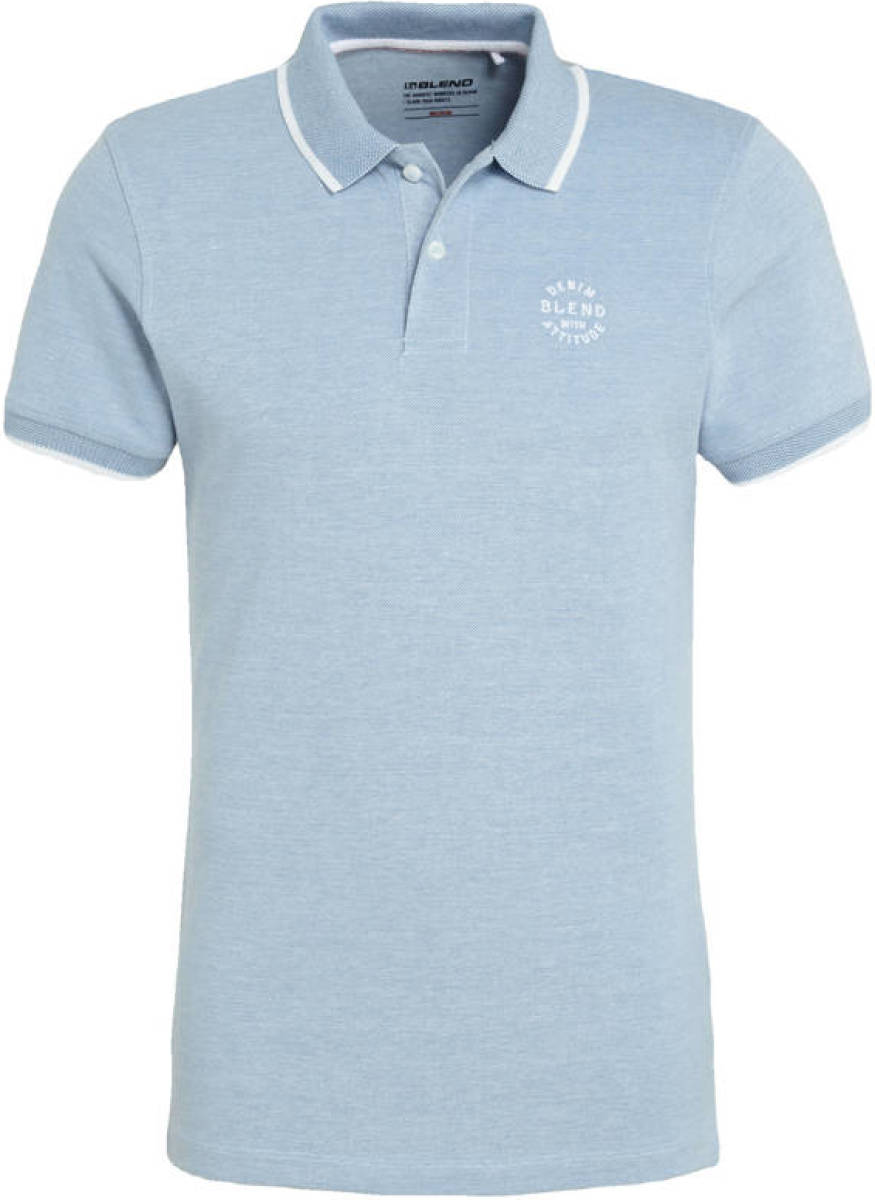 Blend slim fit polo met contrastbies lichtblauw