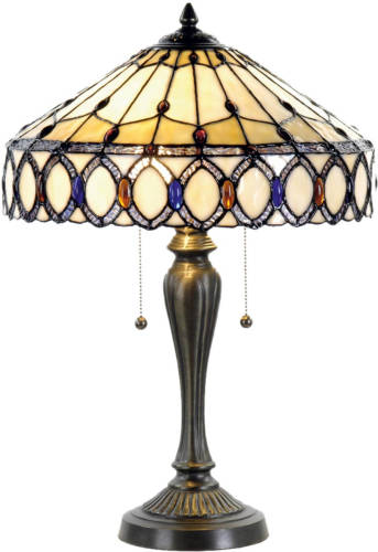 Clayre & Eef Tafellamp Tiffany Compleet 58 X ø 40 Cm - Bruin, Geel, Ivory, Multi Colour - Ijzer, Glas