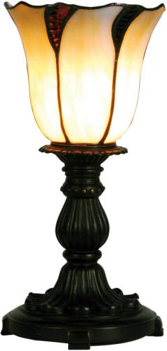 Clayre & Eef Tafellampje Met Gebogen Tiffany Kapje 32 X ø 16 Cm - Bruin, Wit, Zwart - Ijzer, Glas