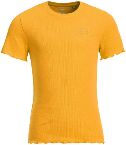 WE Fashion ribgebreid T-shirt met borduursels oker geel