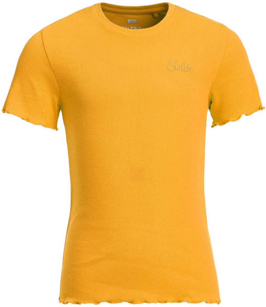 WE Fashion ribgebreid T-shirt met borduursels oker geel