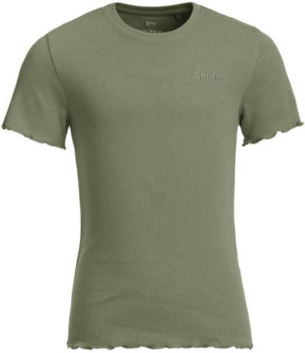 WE Fashion ribgebreid T-shirt met borduursels olijfgroen