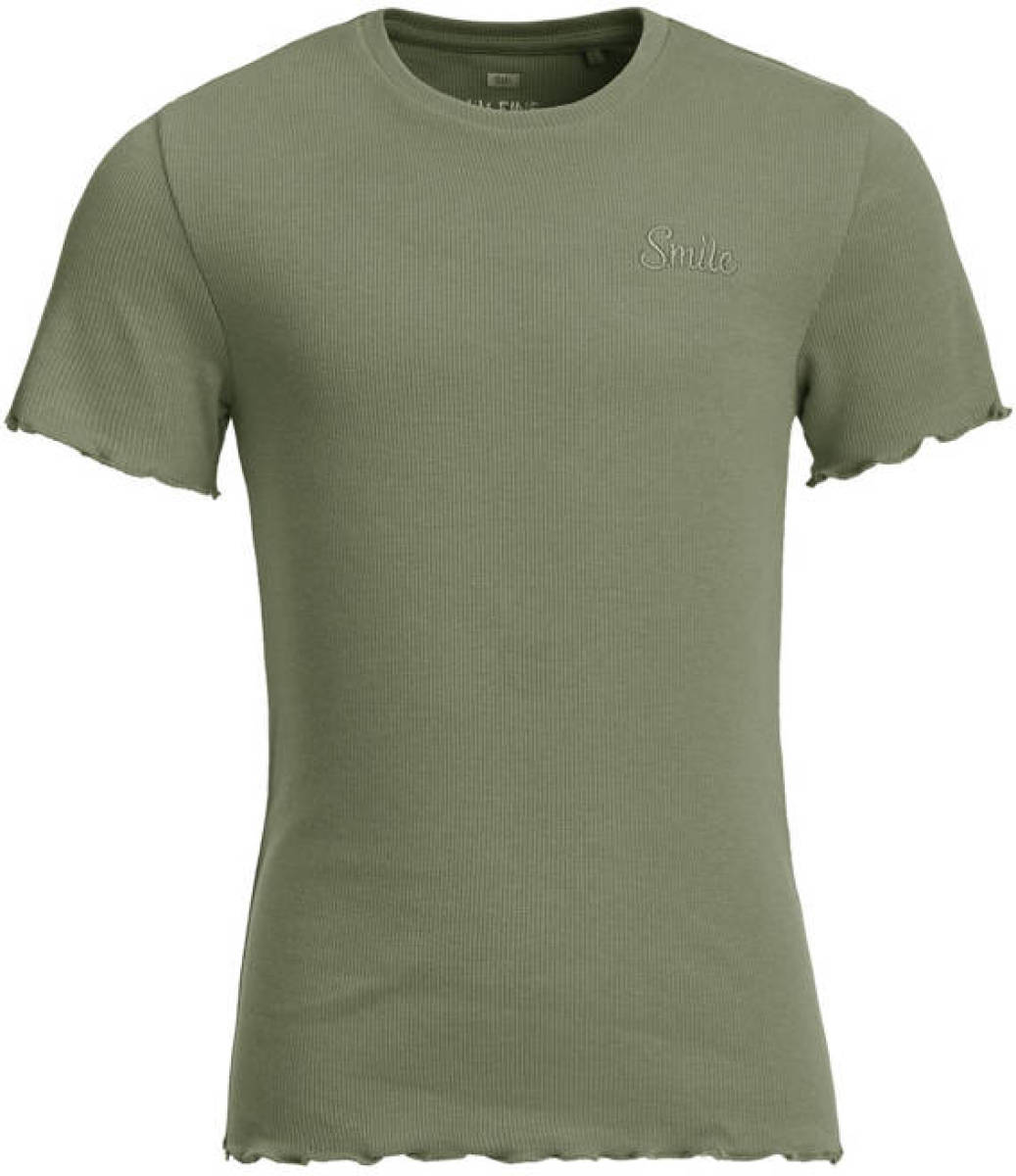 WE Fashion ribgebreid T-shirt met borduursels olijfgroen