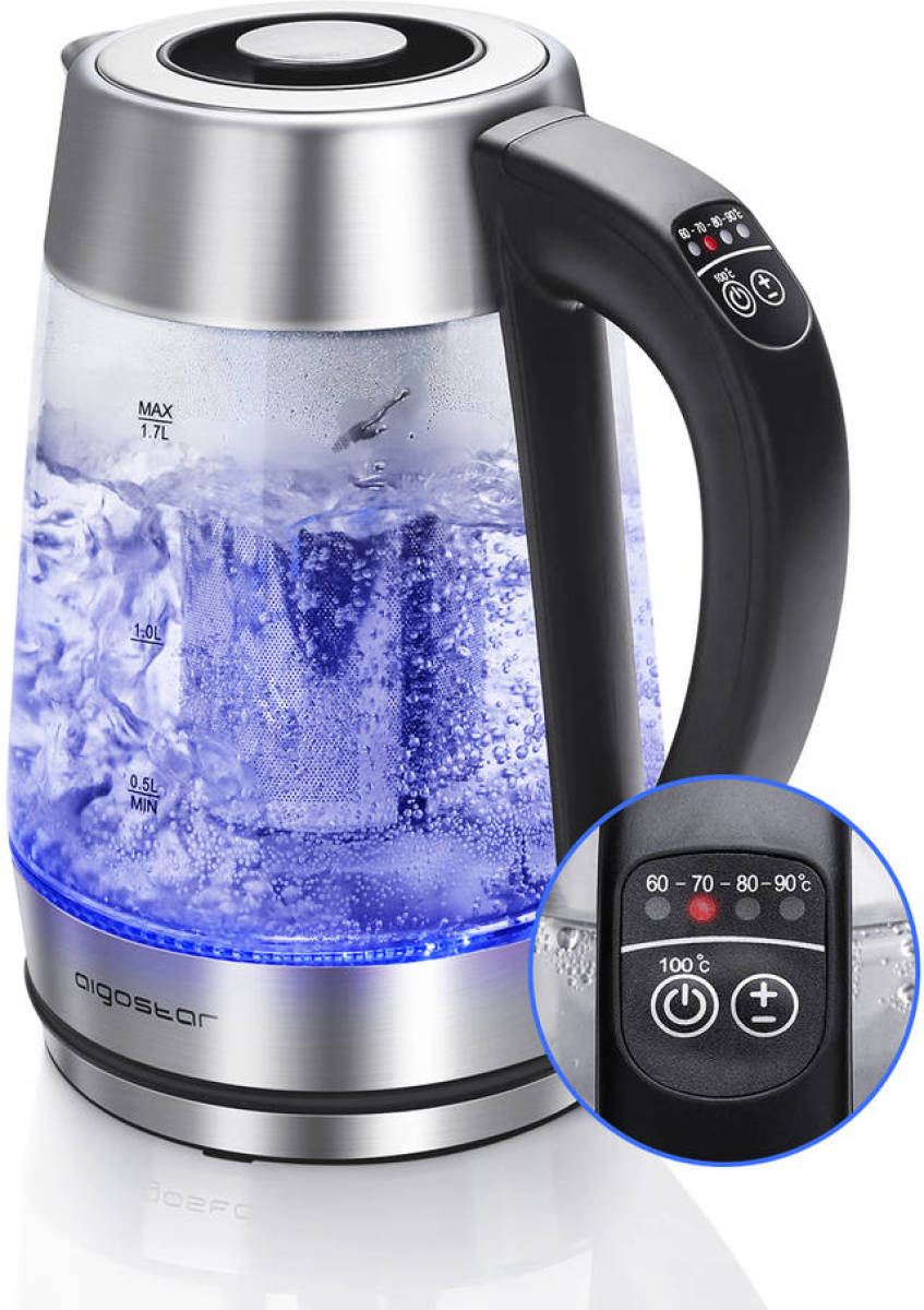 Aigostar Cris 30OSU - Glazen waterkoker met LED en theefilter - RVS - zwart