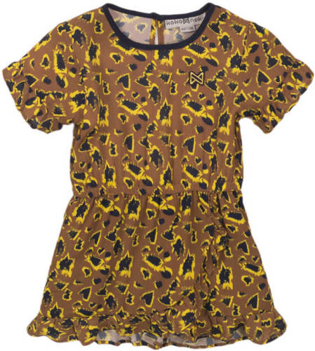 Koko Noko jurk met all over print en ruches camel/zwart/geel