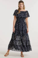 Miljuschka by Wehkamp on-off shoulder smock maxi jurk met millefleur print donkerblauw