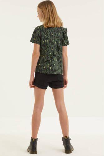 Zigga top met all over print en volant donkergroen/zwart/geel
