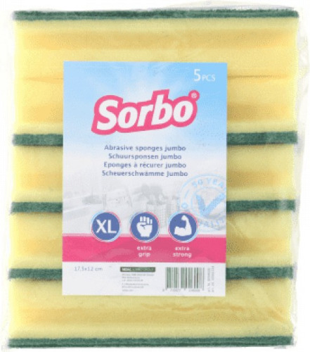 Sorbo 5x Schoonmaakspons / schuurspons viscose met groene schuurlaag 17,5 x 10,5 x 5 cm