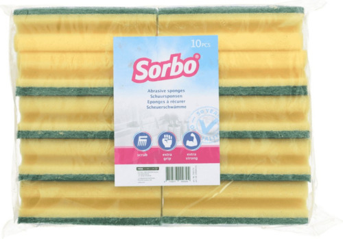 Sorbo 10x Schoonmaakspons / schuurspons viscose met groene schuurlaag 14 x 7 x 4,5 cm