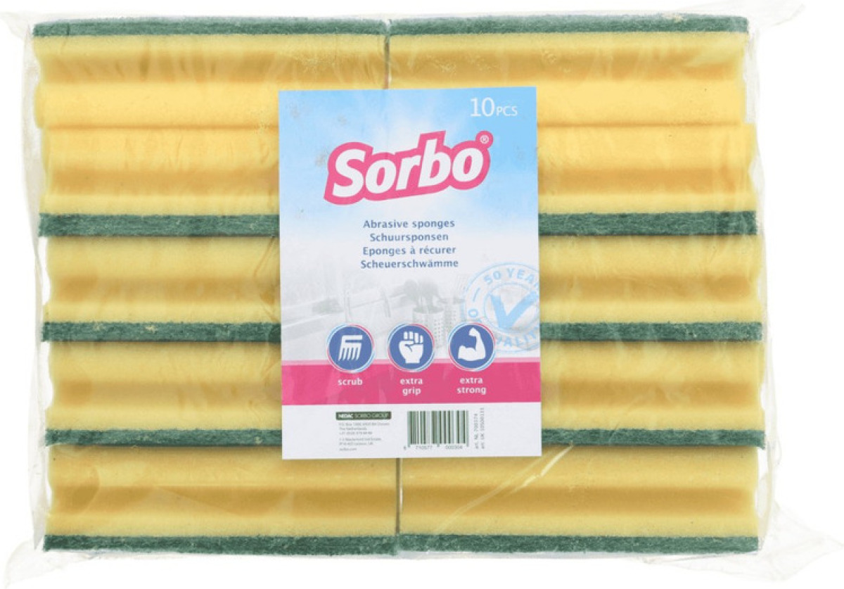Sorbo 10x Schoonmaakspons / schuurspons viscose met groene schuurlaag 14 x 7 x 4,5 cm
