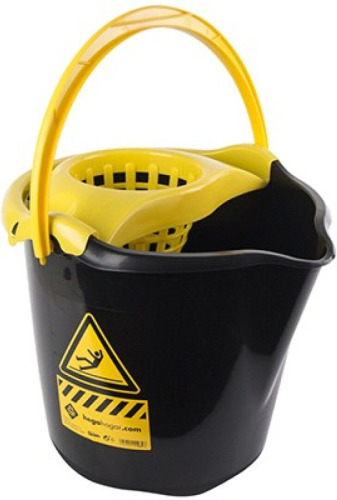 Hega Hogar 1x Huishoudemmers met dweil houder 13,5 liter zwart/geel caution 32 x 30 cm