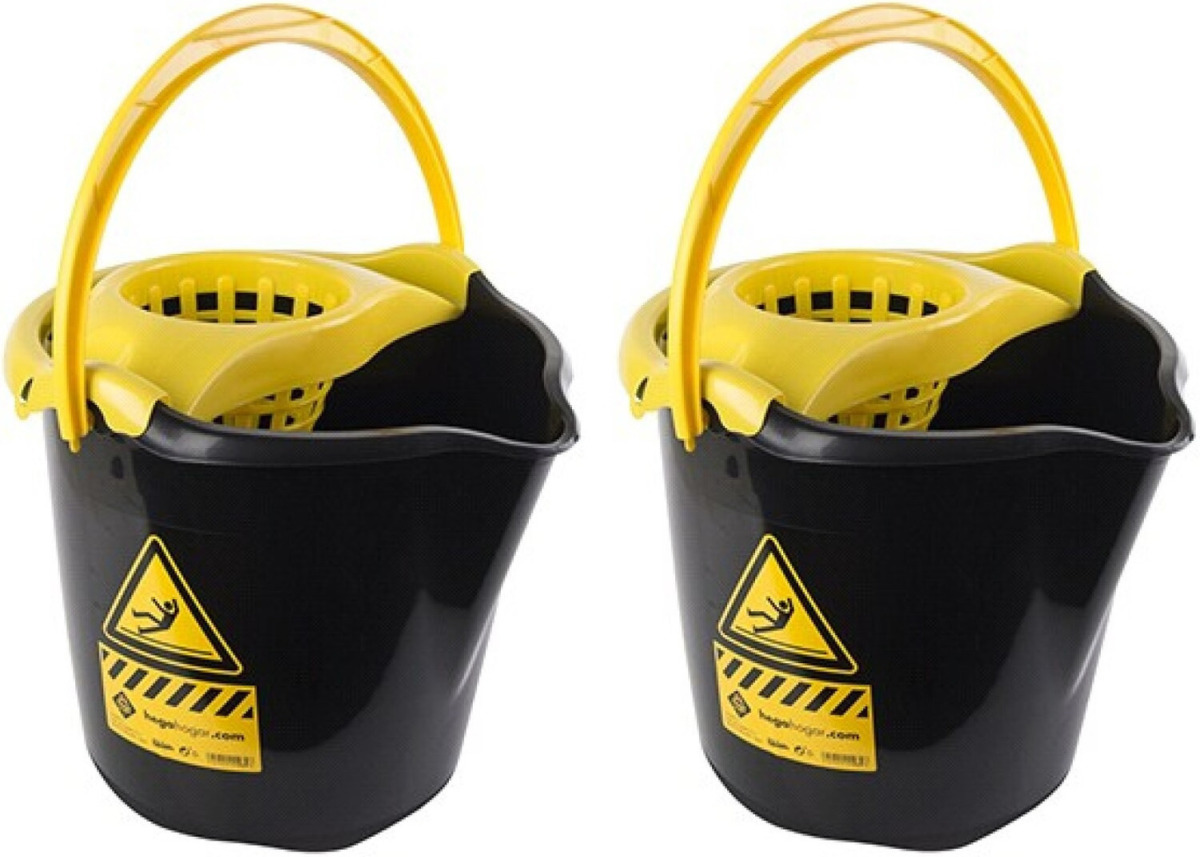Hega Hogar 3x Huishoudemmers met dweil houder 13,5 liter zwart/geel caution 32 x 30 cm