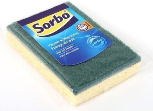 Sorbo 6x Schoonmaakspons / schuurspons viscose met groene schuurlaag 13 x 9 x 2,5 cm