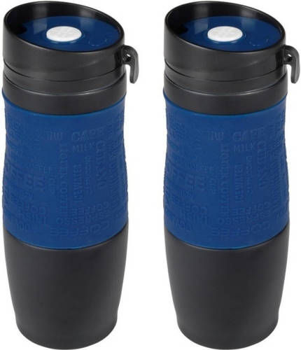 Merkloos 2x Thermosbekers/warmhoudbekers donkerblauw/zwart 380 ml - Thermo koffie/thee isoleerbekers dubbelwandig met schroefdop