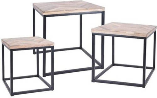 Relaxwonen - Bijzettafel - Set van 3 - Vierkant - Metalen Onderstel - Houten Bladen - 40.5x40.5x45cm