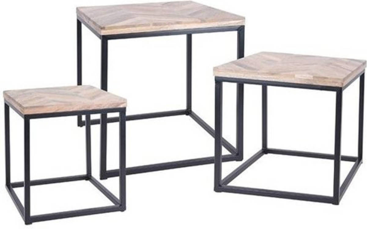 Relaxwonen - Bijzettafel - Set van 3 - Vierkant - Metalen Onderstel - Houten Bladen - 40.5x40.5x45cm