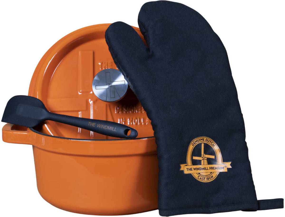 The Windmill emaille braadpan medium met RVS dekselknop