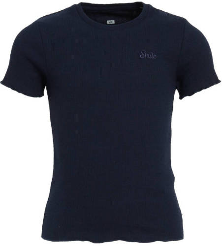 WE Fashion ribgebreid T-shirt met borduursels donkerblauw
