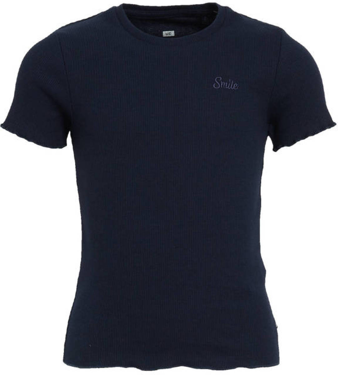 WE Fashion ribgebreid T-shirt met borduursels donkerblauw