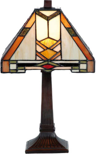Clayre & Eef Tiffany Tafel Lampje Uit De Modern Lines Serie - Bruin, Oranje, Wit, Multi Colour - Ijzer, Glas