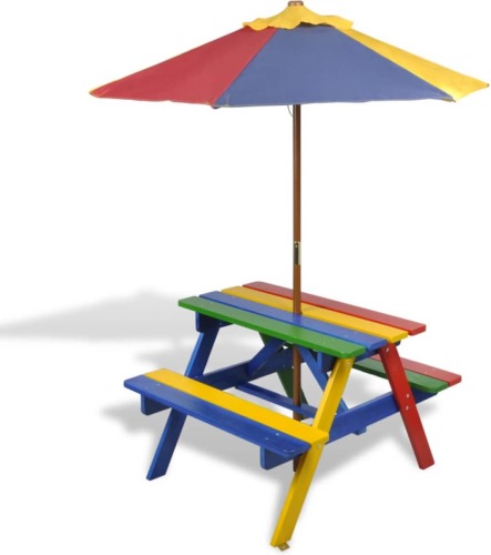VidaXL Kinderpicknicktafel met banken en parasol hout meerkleurig