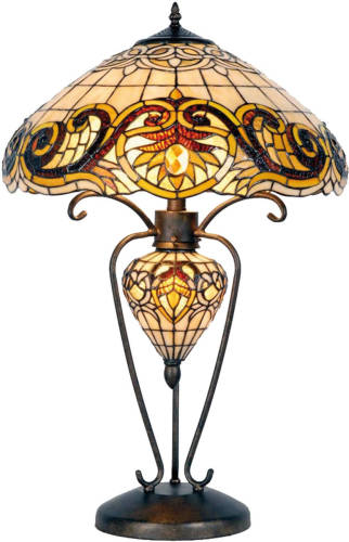 Clayre & Eef Tafellamp Met Tiffany Kap Sierlijke Krul Compleet 72 X ø 46 Cm - Bruin, Rood, Geel, Ivory - Ijzer, Glas