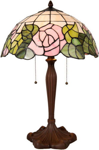 Clayre & Eef Tafellamp Tiffany ø 40x61 Cm E27/max. 2x60 Watt - Bruin, Groen, Roze - Ijzer, Glas, Kunststof